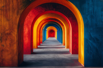 A corridor with vibrant geometric patterns leading to a radiant, bright horizon,