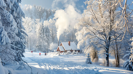 A magical winter landscape with snow-covered trees, a cozy cabin with smoke from the chimney.