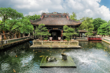Fototapeta premium Guangzhou city, Guangdong, China. Baomo Garden is located in Panyu District. The garden features common elements of Chinese Lingnan garden architecture such as ponds, bridges, pavilions.
