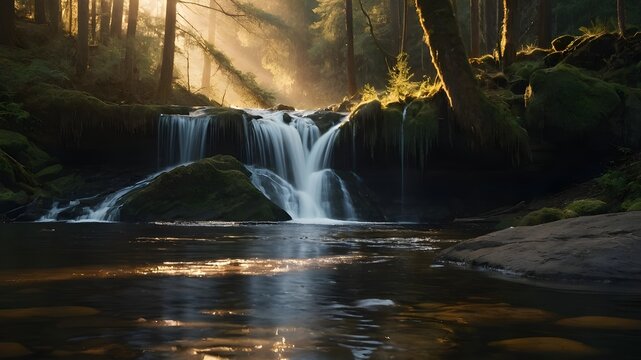 a waterfall in the woods with the sun shining through the trees. background wallpaper