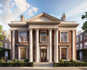 Fototapeta premium Picturesque Georgian townhouse with refined sash windows, a balanced symmetrical design, and a charming portico, perfect for a timeless setting