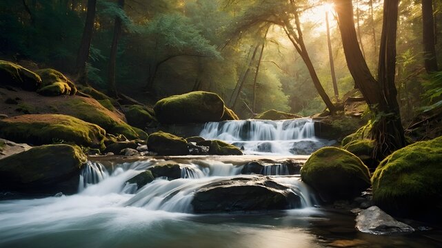 a waterfall in the woods with the sun shining through the trees. background wallpaper