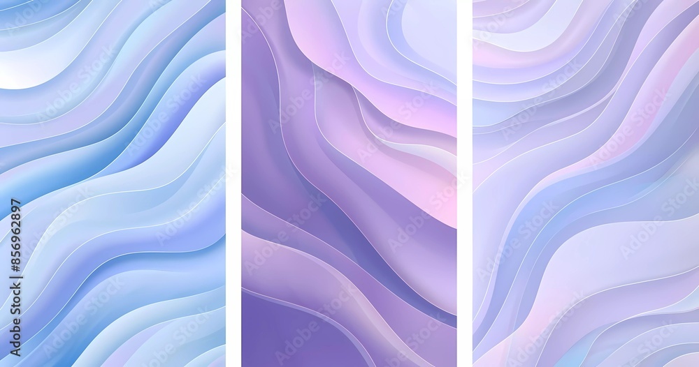 Poster set of three vector background illustrations with wavy lines in blue and purple tones in the style o