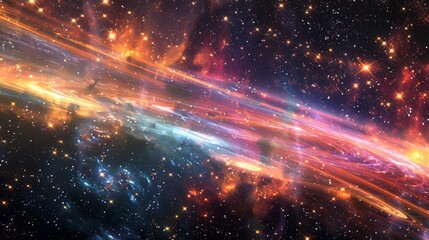 Fototapeta premium Vibrant cosmic energy stream across a galaxy, featuring colorful nebulae, bright stars, and interstellar clouds in a dynamic and visually striking composition. 