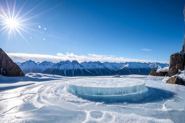  Ice podium background snow winter product platform cold mountain 3D. Podium ice display background cosmetic sky floor blue scene landscape frozen white cool stand pedestal minimal rock glacier nature