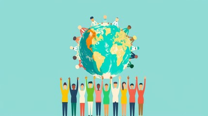 global unity concept, diverse group of people from various cultures holding hands around a globe, representing unity, peace, and collaboration among nations in illustrated flat design