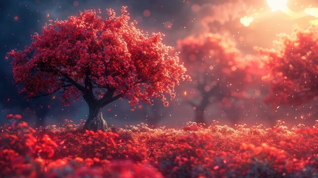 red tree standing majestically in a vibrant, dreamy landscape, with a warm, glowing sunset casting magical light across the scene.