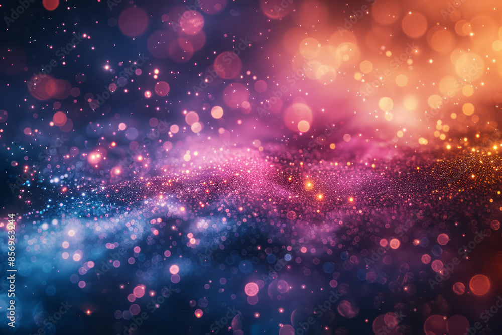 Poster close-up exploration of luminous particles in an abstract, colorful universe,
