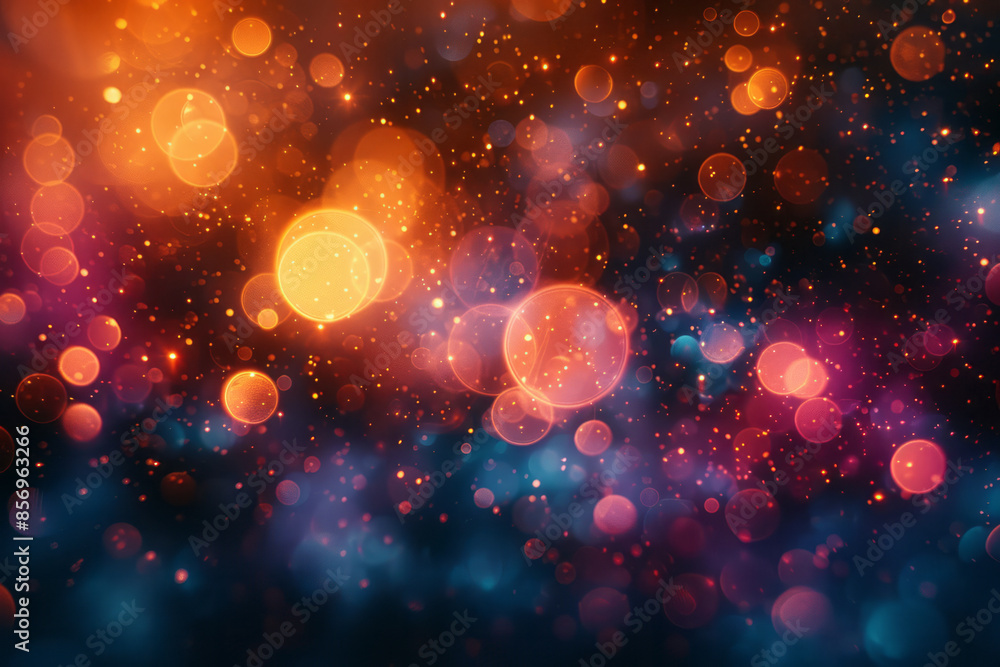 Poster close-up exploration of luminous particles in an abstract, colorful universe,