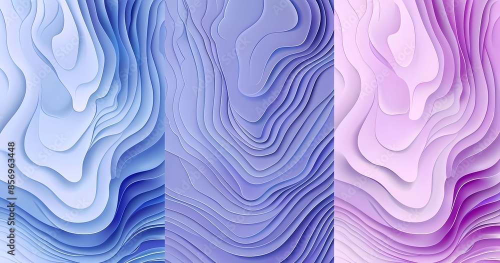 Poster set of three vector background illustrations with wavy lines in blue and purple tones in the style o