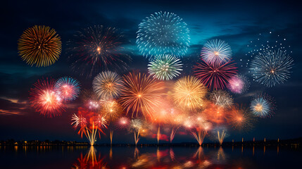 Colorful fireworks display illuminating the night sky over a calm lake, perfect celebration scene for festive occasions.