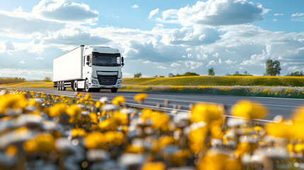 A white truck on a scenic highway with blue skies and yellow wildflowers in the foreground on a sunny day.
