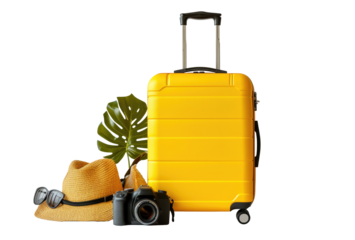 Summer holidays, vacation and travel concept. Suitcase or luggage bag with sun glasses, hat and camera on transparent background for copy space