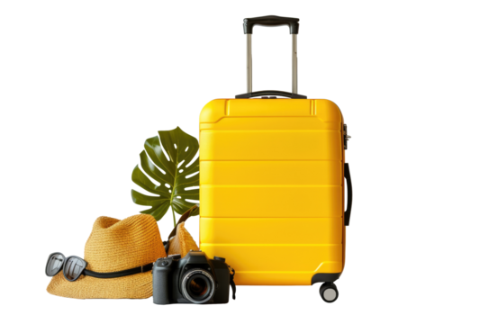Summer holidays, vacation and travel concept. Suitcase or luggage bag with sun glasses, hat and camera on transparent background for copy space