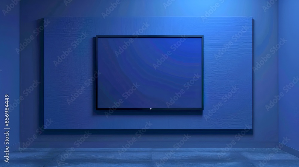 Poster futuristic technology concept with a sleek flat screen monitor in a minimalistic blue room. modern d