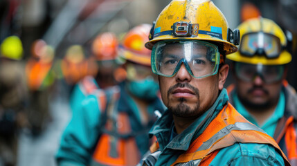 Obraz premium Close-up portrait of a construction worker wearing safety gear, focusing on professionalism and safety in the construction industry.