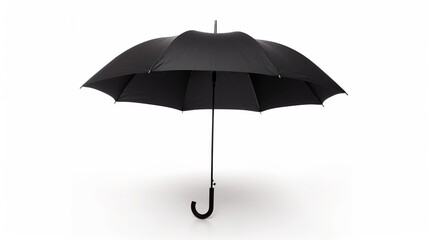 Elegant black umbrella open on white background. Classic rain protection accessory for wet weather. Stylish and practical design. Perfect for rainy days and fashion shoots. AI