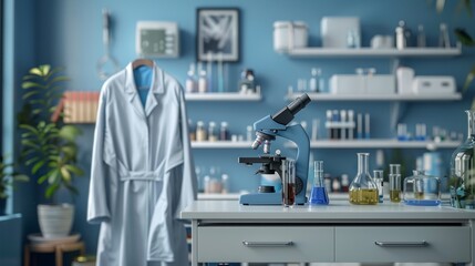 lab bench with microscope and blue lab coat hanging on a chair, ideal for educational and research purposes in a modern science lab setting