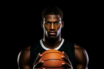 Professional african basketball player Portrait of professional african basketball player holding a ball looking at camera. Fit young man with basketball against black background with copyspace