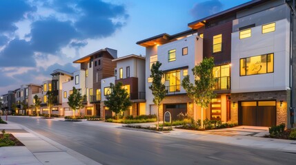 Modern town houses of brick and glass on urban street