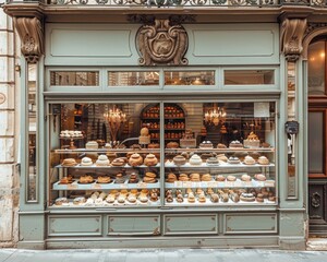 Picturesque French patisserie with a vintage storefront, elegant glass display case, and an array of delectable artisanal pastries