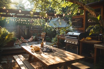 A family enjoying a barbecue in their backyard, with a grill, picnic table, and children playing nearby. 