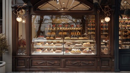 Quaint French patisserie with a vintage storefront, a glass display case showcasing artisanal pastries, capturing the essence of French baking