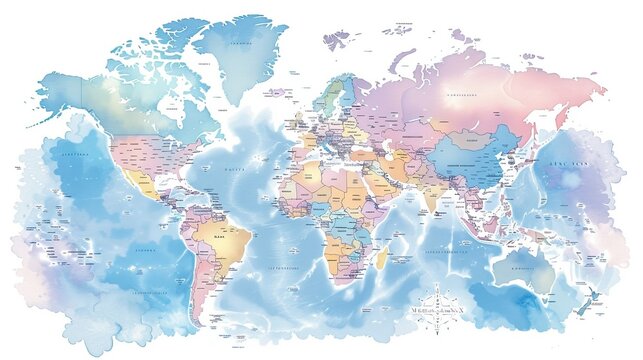 Fototapeta Colorful world map in watercolor style. Abstract pastel hues depicting global geography. Artistic illustration of Earth continents. Ideal for educational and decorative purposes. AI