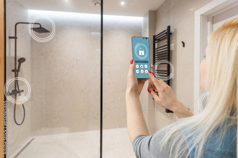 Poster smart home technology interface on smartphone app screen with augmented reality (ar) view of interne