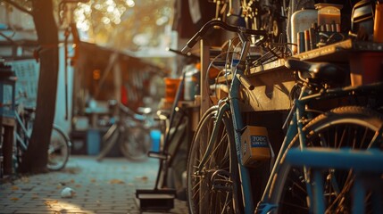 Bicycle parked in a cluttered garage with sun rays shining through.
