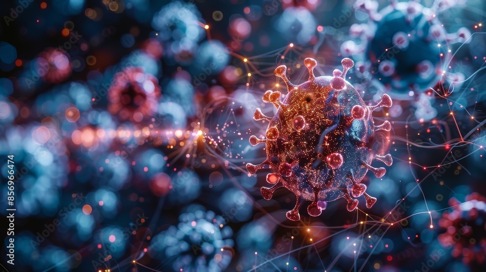 Poster a close-up artistic interpretation of a vibrant virus particle structure.