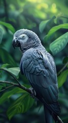 Obraz premium Gray parrot perched on a branch in lush green rainforest, detailed feathers. Wildlife and nature photography concept