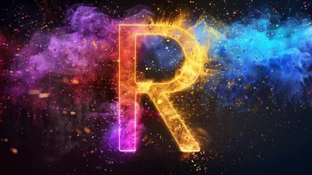 Letter R with colorful neon art and powder splash background