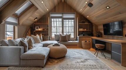 A warm, inviting interior featuring wooden walls and ceiling.