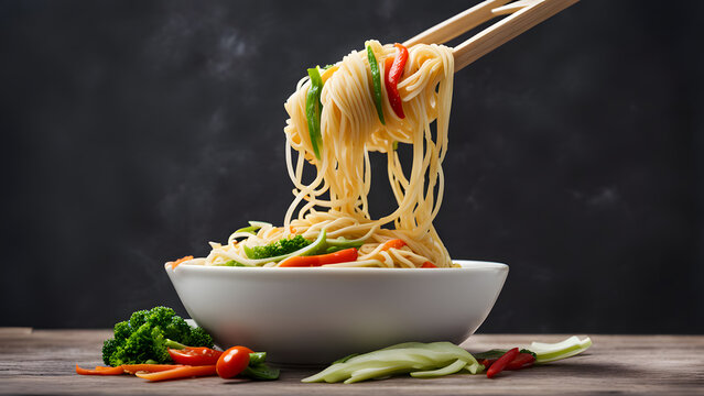 A bowl of noodles with vegetables and a spoon