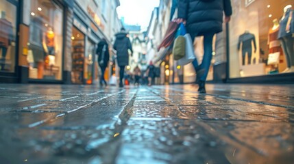 Obraz premium Wet cobblestone street in the city.