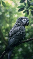 Obraz premium African grey parrot perched on a branch in a lush green forest, detailed foliage background. Wildlife and nature concept