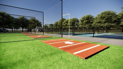 Outdoor baseball and softball batting cages depicted in a 3D rendering