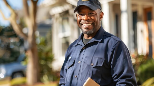 A courier dressed in a navy blue uniform, holding a package, stands in a suburban neighborhood in front of a house, representing the concept of delivery and reliability.