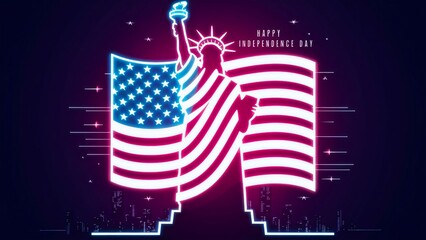 USA Happy Independence Day 4th of July Flyer, banner, poster, greeting card, background. Statue of Liberty with a glowing American flag draped over her & with shimmering neon lights and a city skyline