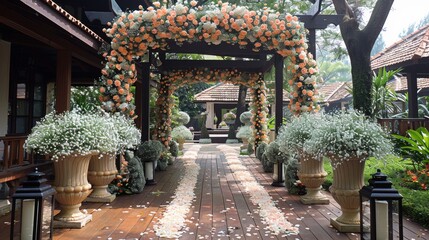Obraz premium This beautifully decorated outdoor pathway is lined with flowers and plants.