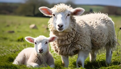 Obraz premium White lamb with mother in field, AI Generated