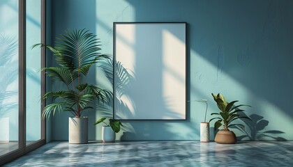 Sunlit Modern Interior with Blank Canvas and Potted Plants in a Minimalist Living Space