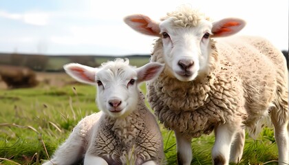 Fototapeta premium White lamb with mother in field, AI Generated