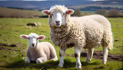 Fototapeta premium White lamb with mother in field, AI Generated