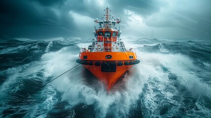 A brave search and rescue boat fights through a stormy sea.