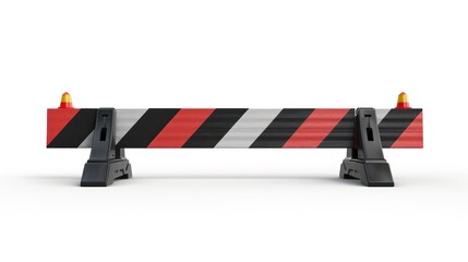 safety barrier with black, white, and red diagonal stripes, equipped with lights on top, standing on a white background, representing restriction and caution.