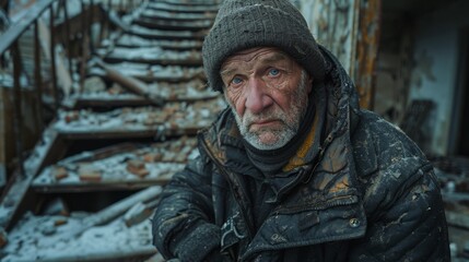 Obraz premium An elderly man bundled in winter attire sits against a backdrop of a snowy, ruined building, looking determined and resilient despite the harsh conditions and dilapidated surroundings.