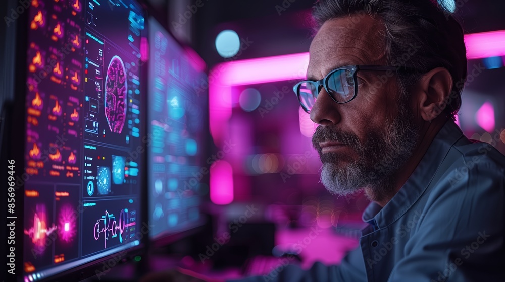Poster man analyzing data on computer screen in a dark room