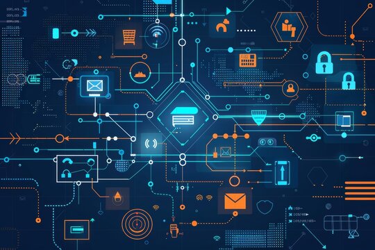 cyber resilience  flat illustration showing network of interconnected devices and systems protected by robust security measures like  firewall, encryption